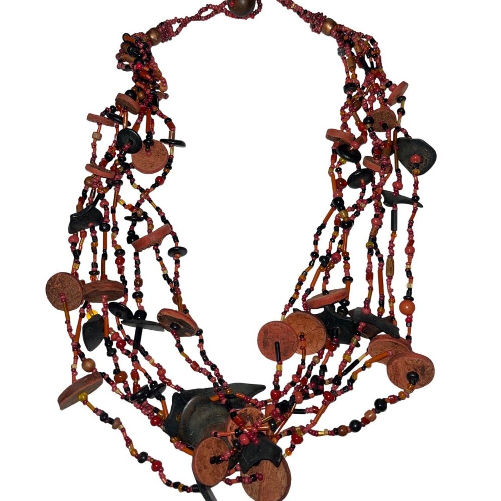 Handmade Multilayer Red & Black Beaded Necklace With Wooden Accents A583